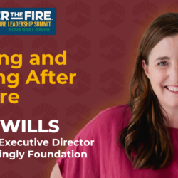 Smiling woman in a red top with text about the 2025 Wildfire Leadership Summit and speaker Jolie Wills.