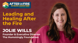 Smiling woman in a red top with text about the 2025 Wildfire Leadership Summit and speaker Jolie Wills.