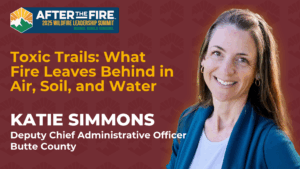 Smiling woman in blue jacket next to summit info about wildfire toxins, with her name and job title shown.