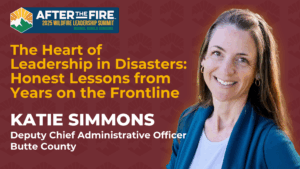 Smiling woman in blue shirt with summit details and event title: The Heart of Leadership in Disasters.