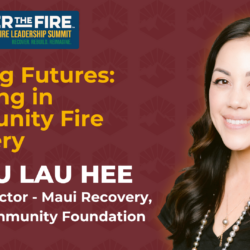 Smiling woman with long dark hair next to conference details for the 2025 Wildfire Leadership Summit.