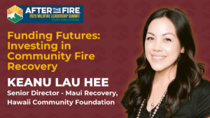 Smiling woman with long dark hair next to conference details for the 2025 Wildfire Leadership Summit.
