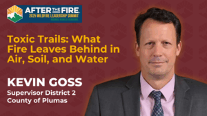 Kevin Goss in a suit with summit details and talk title Toxic Trails against a patterned red background.