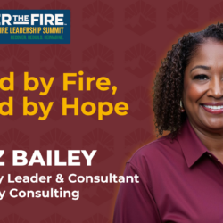 Smiling woman beside text: “Linked by Fire, United by Hope – Lorez Bailey, 2025 Wildfire Leadership Summit.”.