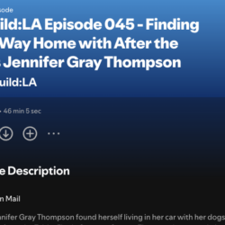 Podcast episode Rebuild:LA 045 featuring Jennifer Gray Thompson; episode title and description visible.