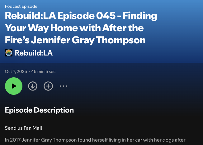 Podcast episode Rebuild:LA 045 featuring Jennifer Gray Thompson; episode title and description visible.