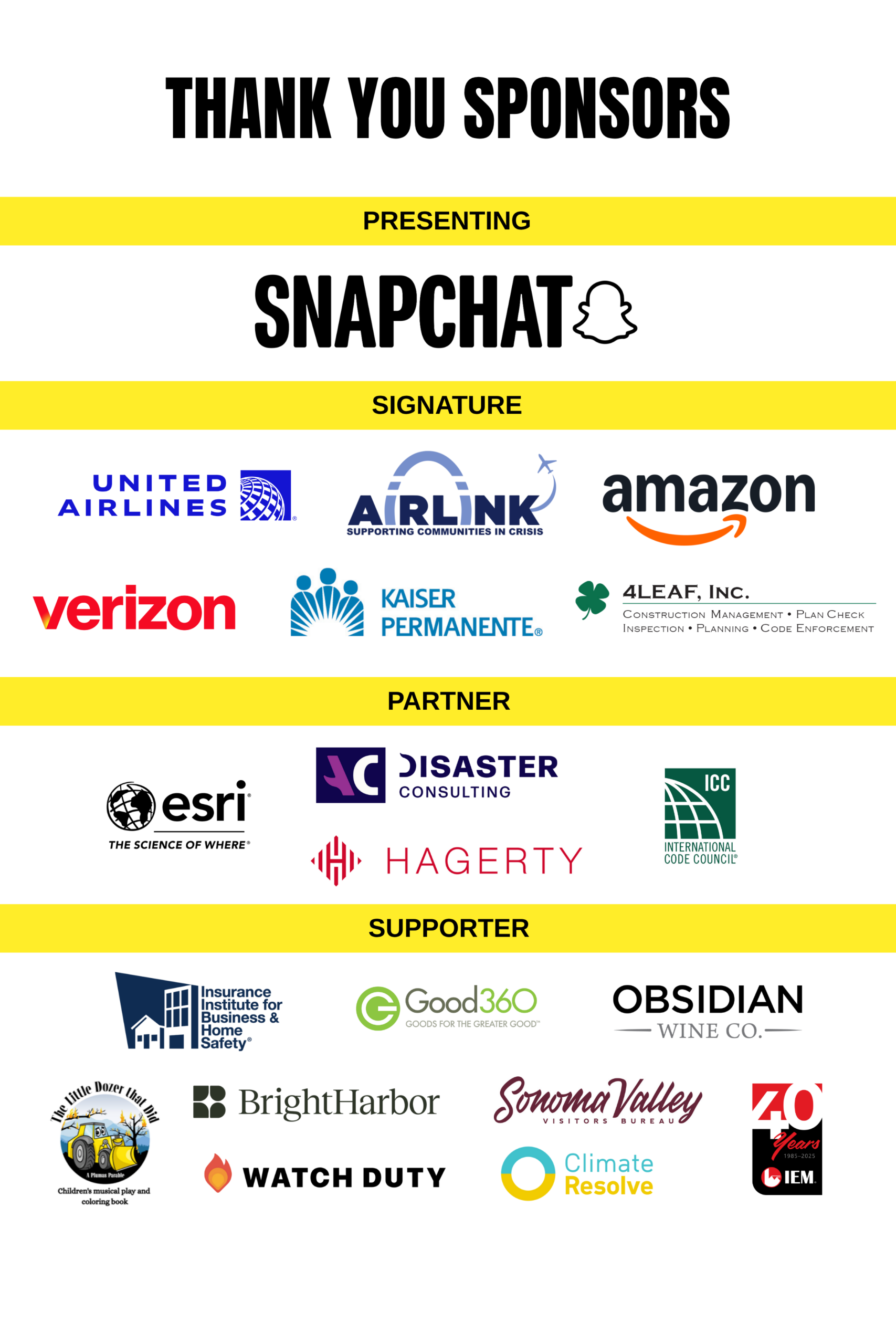 Sponsor thank you banner featuring Snapchat, United Airlines, Amazon, Verizon, Kaiser Permanente, and more logos.