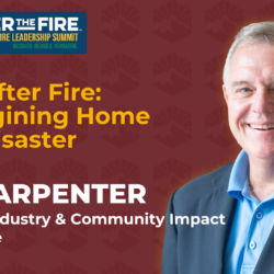 Smiling man in a suit with summit info: Land After Fire: Reimagining Home Post-Disaster. Tim Carpenter, Fannie Mae.