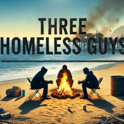 Three people sit around a campfire on a beach with Three Homeless Guys text above them.
