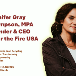 Jennifer Gray Thompson poses confidently next to text about her keynote at a 2025 California land recycling conference.
