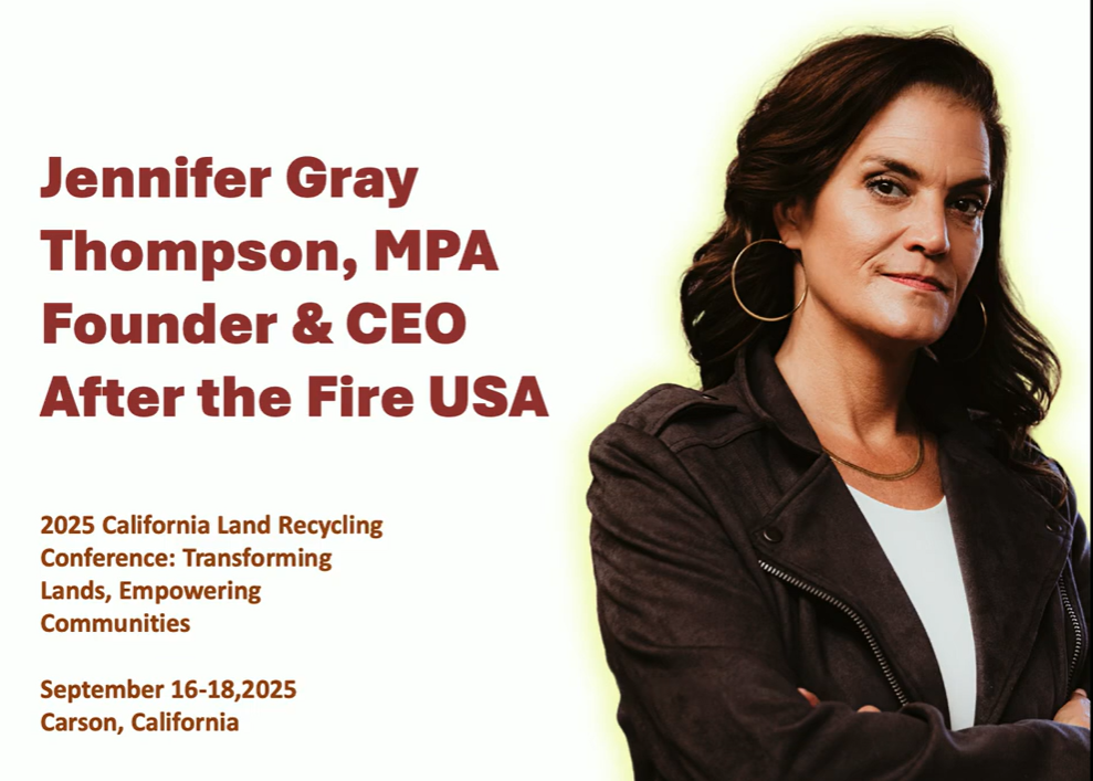 Jennifer Gray Thompson poses confidently next to text about her keynote at a 2025 California land recycling conference.