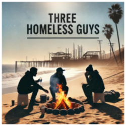 Three men sit around a campfire on a beach at sunset, with text reading Three Homeless Guys above them.