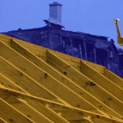 A construction worker hammers wood beams on a roof frame, with a damaged house in the background.