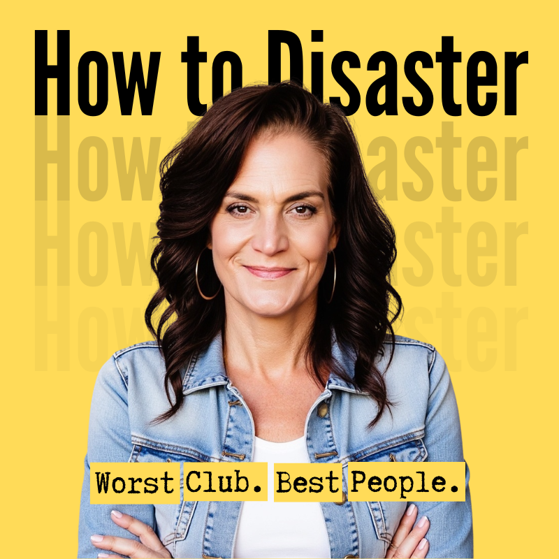 Woman in a denim jacket smiles confidently in front of How to Disaster text on a yellow background, embodying resiliency and inviting community members to join the disaster podcast conversation.