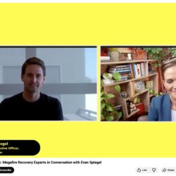Two people video chatting; one in an office, the other in a colorful room with bookshelves and plants.