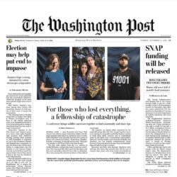 Front page of The Washington Post with four people pictured and articles on elections, SNAP funding, and wildfire survivors.