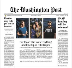 Front page of The Washington Post with four people pictured and articles on elections, SNAP funding, and wildfire survivors.
