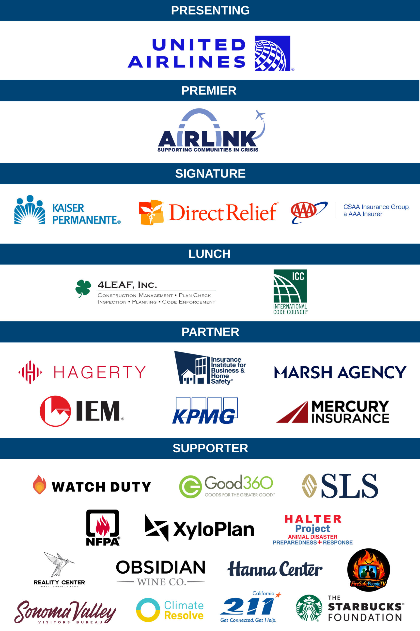 Sponsor logos sorted by tier on a blue background; companies include United Airlines, Airlink, and Direct Relief.