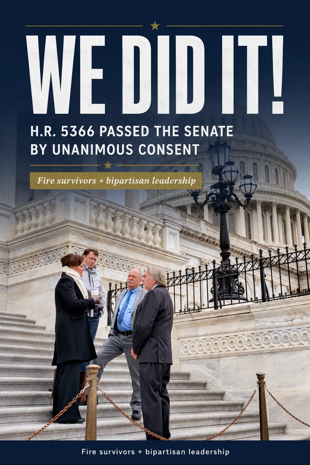Four people talk on U.S. Capitol steps, each a dedicated volunteer; text celebrates H.R. 5366 passing Senate by unanimous consent as partners rally together to support communities after the fire.
