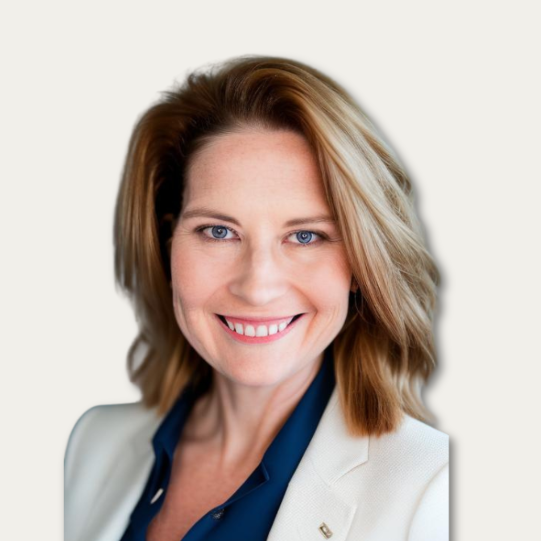 Smiling woman with shoulder-length light brown hair, wearing a navy top and white blazer, on a light background.